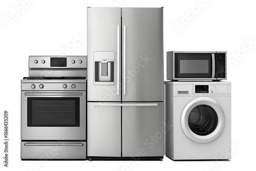 Modern home appliances set stainless steel refrigerator, oven range, microwave, and washing machine for contemporary living, isolated on white