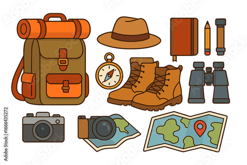 Set of travel and adventure items for hiking or camping. Exploration tools and vacation essentials. Vector illustration flat design icon collection with backpack and map.
