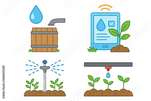 Water management icon set for sustainable agriculture. Smart farming, drip irrigation, sprinkler, rainwater harvesting. Vector illustration for eco farming and conservation.