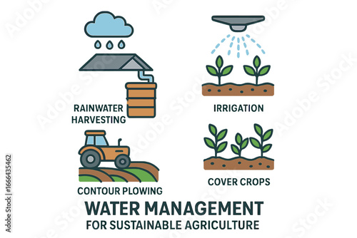 Water management for sustainable agriculture icon set. Techniques like rainwater harvesting, irrigation, contour plowing, and cover crops. Eco-friendly farming vector concept.