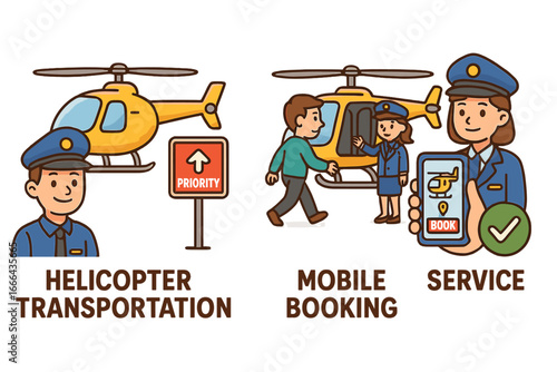 Helicopter transport service with mobile app booking. Priority boarding for air taxi charter flight. Vector cartoon concept illustration of pilot, passenger, and smartphone screen.
