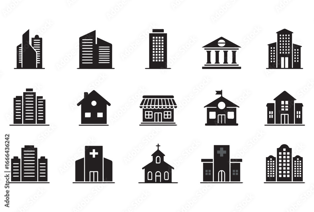 Obraz premium A collection of flat style building icons featuring diverse structures such as homes, apartments, educational institutions, healthcare facilities, and worship places. The icons are black silhouettes o