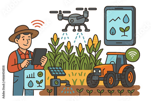 Smart farming technology with farmer using tablet to control drone and tractor. Precision agriculture concept with remote sensing, data analysis and crop spraying automation.