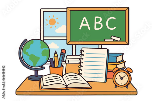 Back to school concept with student desk and education supplies. Classroom interior with chalkboard, globe, books. Vector illustration for learning, knowledge, and study time.