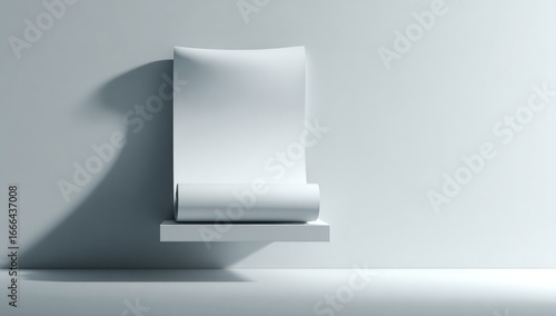 Blank white paper scroll on a shelf, minimal studio setting