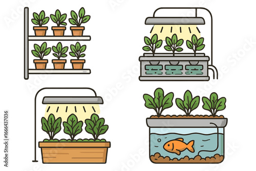 Indoor gardening and urban farming icon set. Hydroponics, aquaponics system. Plant cultivation with grow light. Vertical garden and smart farm technology. Vector illustration.