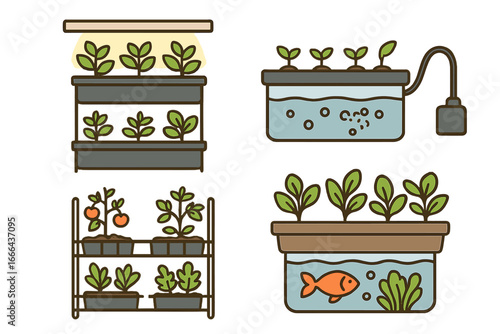 Indoor gardening vector icon set. Hydroponics and aquaponics systems. Urban farming and home plant growth solutions. Grow lights, vertical farm, seedlings cultivation.