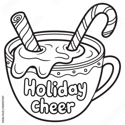 Cozy holiday mug filled with hot chocolate, marshmallows and candy cane, cute festive drink cartoon coloring pages line art for Christmas fun
