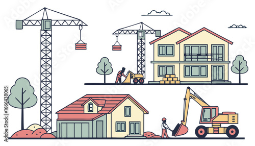 Building work process with houses and construction machines. Vector illustration.