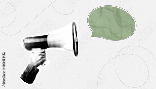 Halftone Megaphone with Speech Bubble – Retro Announcement Vector