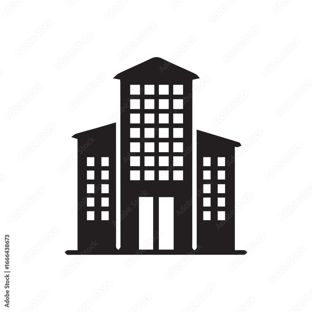 A flat style icon representing various buildings such as houses, offices, skyscrapers, and religious structures. The icon is designed in black with a clean white background, emphasizing simplicity and A flat style icon representing various buildings such as houses, offices, skyscrapers, and religious structures. The icon is designed in black with a clean white background, emphasizing simplicity and
