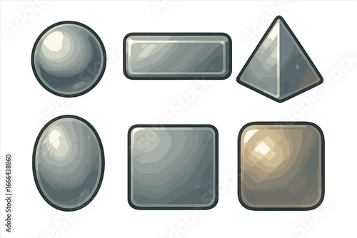 Set of metallic buttons for game UI. Vector steel icons. Silver and gold metal shapes. Glossy and textured surfaces. Circle, square, rectangle and pyramid graphic elements.