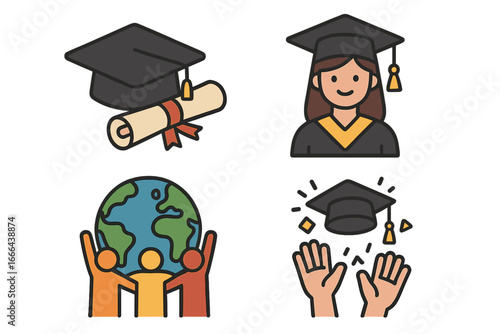 Graduation icon set. Education success and achievement celebration. Graduate student, diploma, global unity. University and college vector icons flat cartoon illustration.
