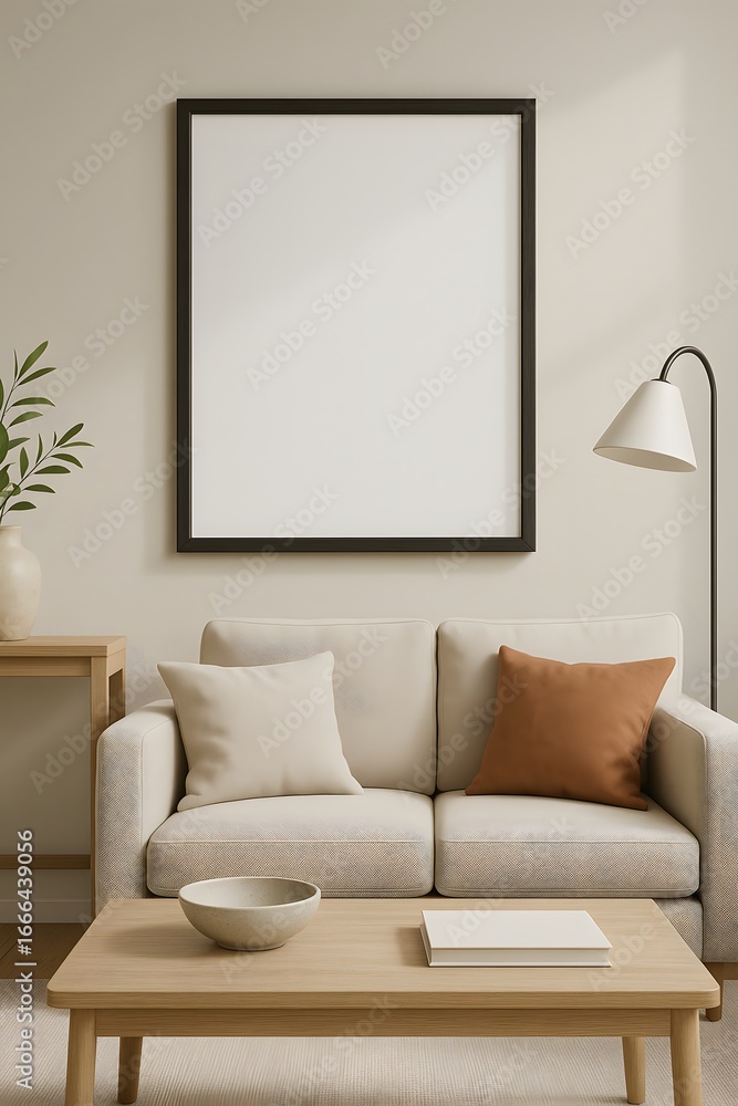 Fototapeta premium Living room frame mockup with sofa and cushions, isolated background. Warm home interior design