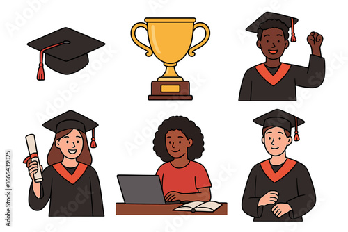 Set of graduation vector icons with diverse students. Cartoon graduates in cap and gown, holding diploma, celebrating. Includes trophy and cap symbols for academic achievement.