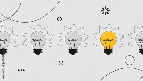 Standout Idea Light Bulb Row – One Lit Among Dim Bulbs Vector
