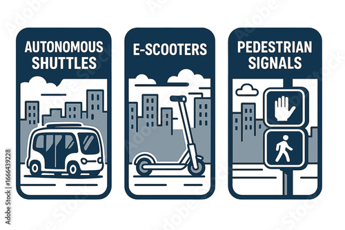 Urban transport vector icon set. Modern city mobility concepts. Autonomous shuttle bus, electric scooter, pedestrian crosswalk signals. Future transportation technology signs.