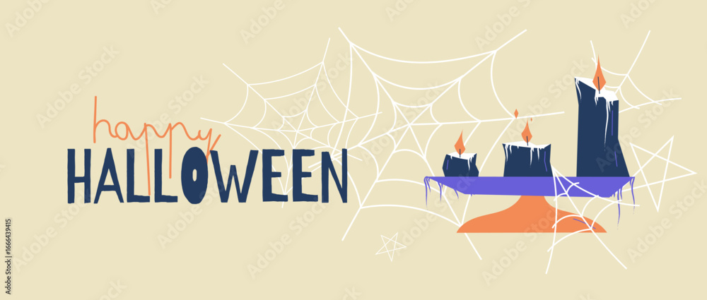 Fototapeta premium Halloween banner with burning candles on stand, spider webs and festive lettering. Flat vector illustration perfect for holiday design and seasonal decoration