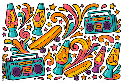 Retro 80s 90s nostalgia groovy pop art design elements. Set of vector cartoon doodles with lava lamps, skateboards, and boombox ghetto blasters. Funky psychedelic background.