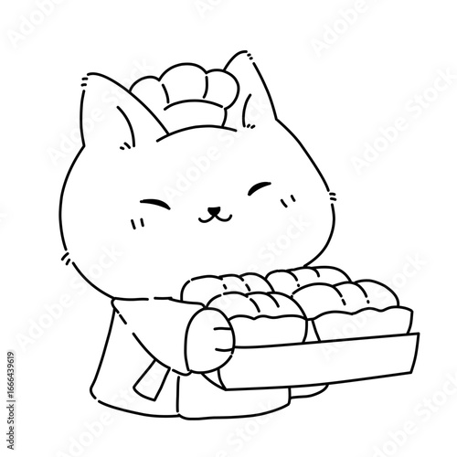 Cartoon cat holding tray of fresh bread vector line art outline illustration.