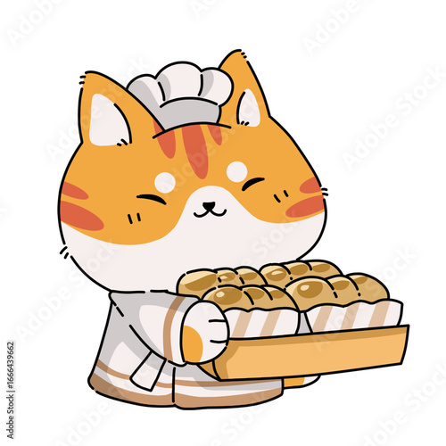 Cartoon cat holding fresh bread vector illustration art.