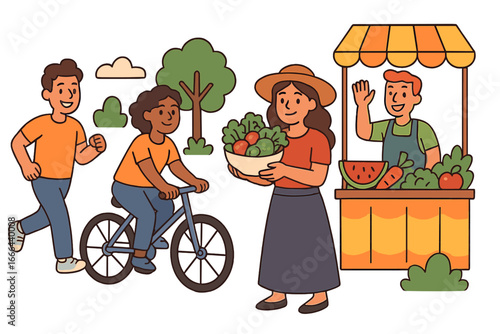 Healthy lifestyle concept with people at farmers market. Man running, woman cycling. Outdoor activity and nutritious food. Vendor selling fresh organic vegetables. Vector illustration.