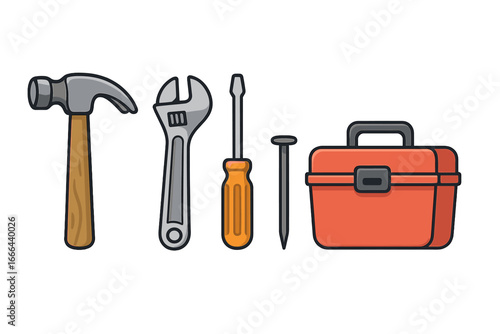 Home improvement tools set. DIY repair and construction concept. Vector icons collection with hammer, wrench, screwdriver, nail, and toolbox. Handyman maintenance equipment kit.