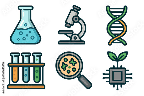 Science and biotechnology icon set. Laboratory research symbols. Chemistry flask, microscope, DNA helix, test tube, petri dish. Vector cartoon illustration for biotech concept.