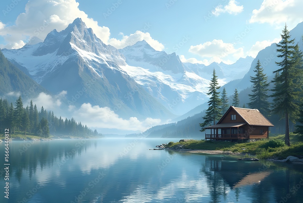 Fototapeta premium Lakeside Scenic Getaway Retreat: A peaceful getaway by the lake with calm waters, mountain reflections, and a cozy cabin on the shore.