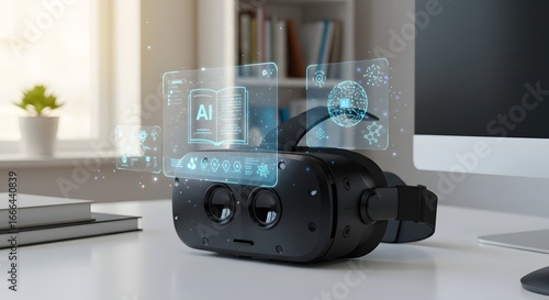 A black virtual reality headset on a desk with a futuristic AI holographic user interface.
