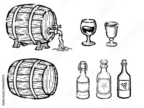 Hand drawn engraving style set of medieval drinkware. Includes wooden barrels, wine bottles, potion bottles, and goblets. Vintage gothic illustration pack, perfect for brewery logos, tavern design