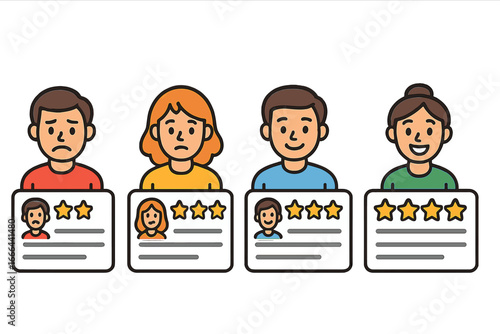 Customer review with star ratings. User feedback and satisfaction level concept. Service quality survey with happy and sad faces. Vector cartoon people testimonials.