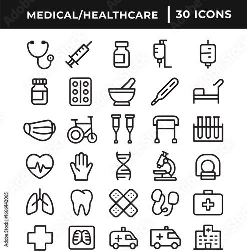 Medical and healthcare related line art icon set collection vector illustration 