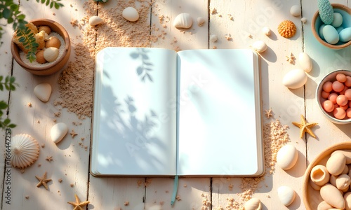 A summer beach-themed flat lay with an open notebook, various seashells, starfish, and sand on a white wooden table with soft leaf shadows. A travel journal mockup.