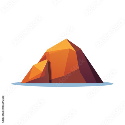 Abstract orange mountain with sharp peaks, geological rock formation on water surface, polygonal illustration