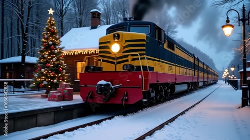 Winter christmas train station scene with snow and christmas tree view