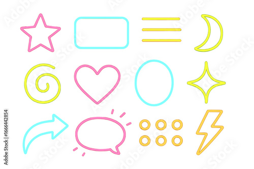 Set of colorful neon light design elements. Glowing shapes and icons collection for vibrant graphics. Vector illustration includes star, heart, arrow, and lightning bolt.