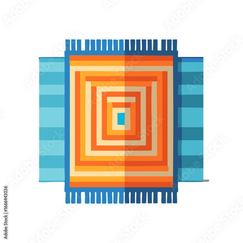 Vibrant Beach Towel with Geometric Pattern and Blue Stripes Illustration