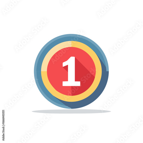 A Colorful Flat Number One Icon; Red, Yellow, and Blue Layered Circle Design with Number 1; First Place Achievement Badge