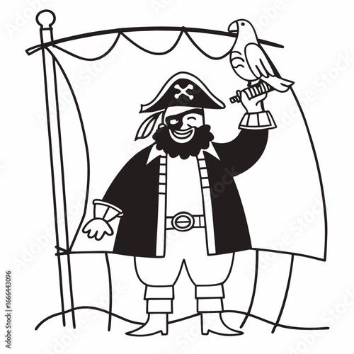 Vector art of a cheerful cartoon pirate with a parrot on his arm, standing in front of a sailing ship