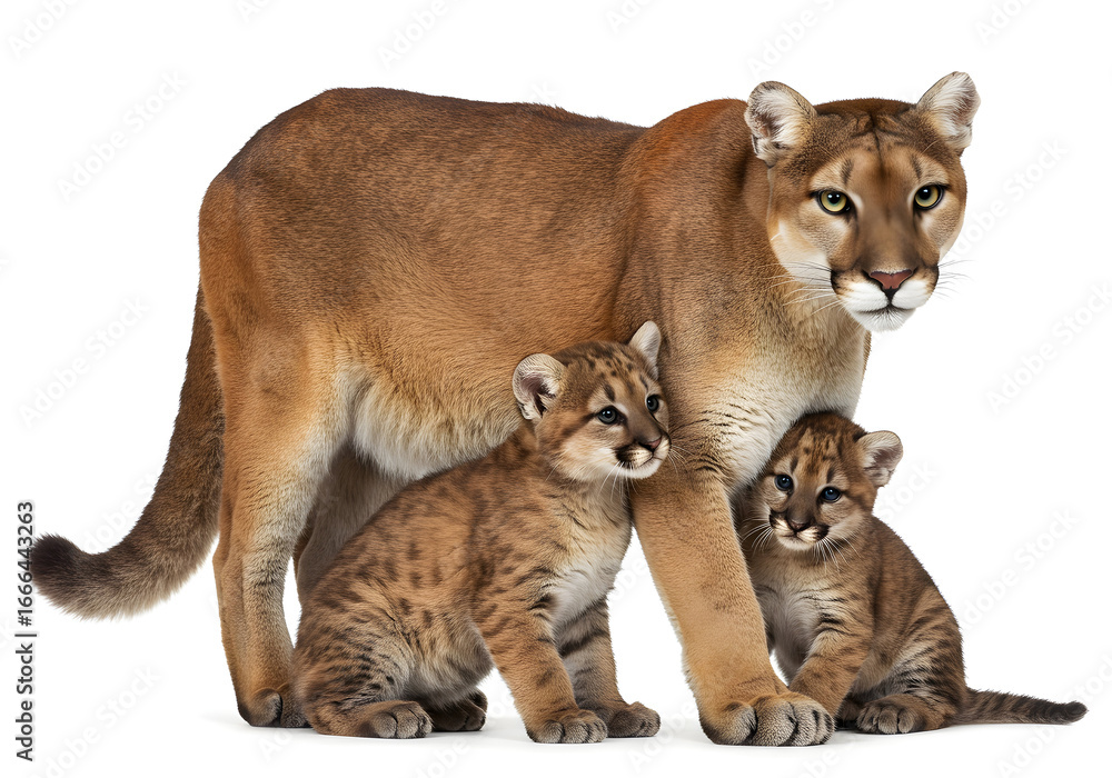 Obraz premium Captivating wildlife portrait showcasing a majestic feline with its adorable cubs, highlighting their familial bond and natural beauty on a white backdrop.
