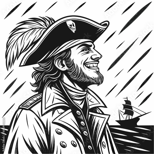 Vector art of a smiling pirate captain with a feathered hat, sailing the sea during a storm