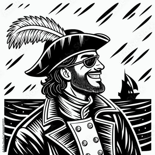 Vector art of a smiling pirate with sunglasses and a feathered hat, sailing the sea during a storm