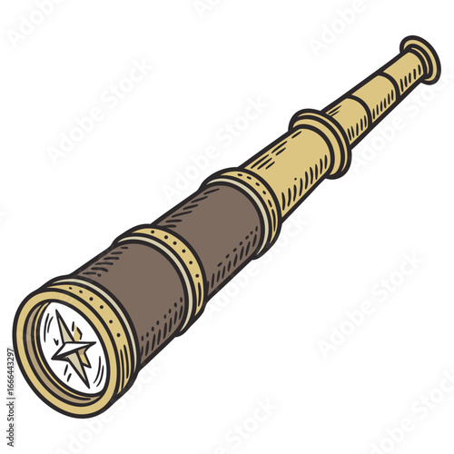 Vector art of antique spyglass telescope with compass, a vintage nautical instrument for sea exploration