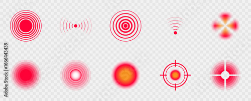 Radar and Signal Icon Vector Set – Red Abstract Targets, WiFi Symbols, and Circular Waves on Transparent Background