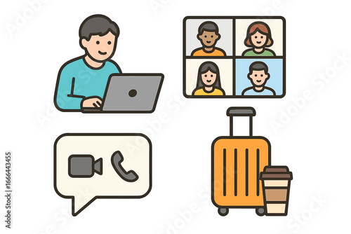 Remote work icon set. Digital nomad lifestyle with laptop, video conference, and travel essentials. Freelance business concept. Virtual communication and online meeting vector.