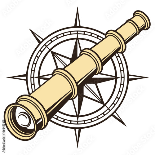 Vector art of vintage telescope and compass rose illustration, ideal for nautical, travel, adventure, and exploration themed designs and projects
