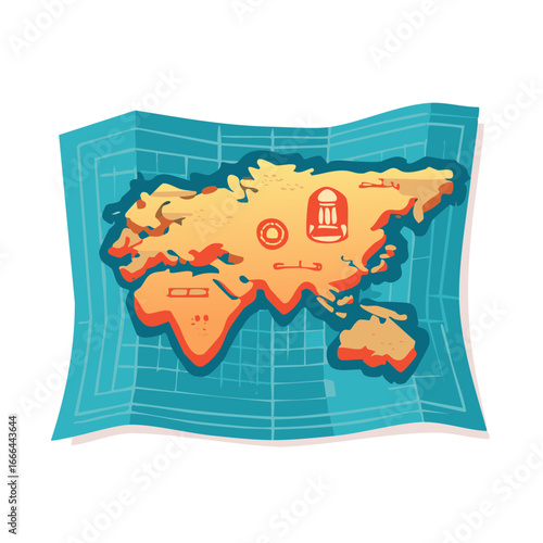 Cartoon Folded Eurasia Africa Map with Landmarks on a Blue Grid Pattern