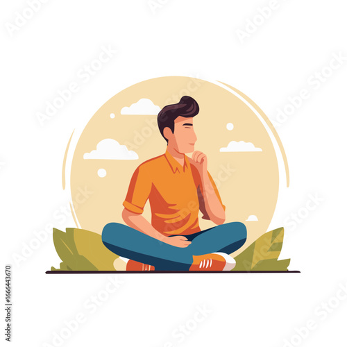 Man Sitting Cross Legged in Meditation Pensive Thinking with Hand On Chin in Thoughtful Pose, Surrounded By Nature.
