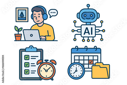 Modern work icon set with remote work, freelancer, and AI robot. Concepts for productivity, time management, organization, planning, scheduling, and business task management.